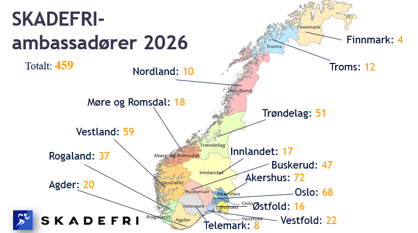 Norgeskart over antall ambassadører i hvert fylke